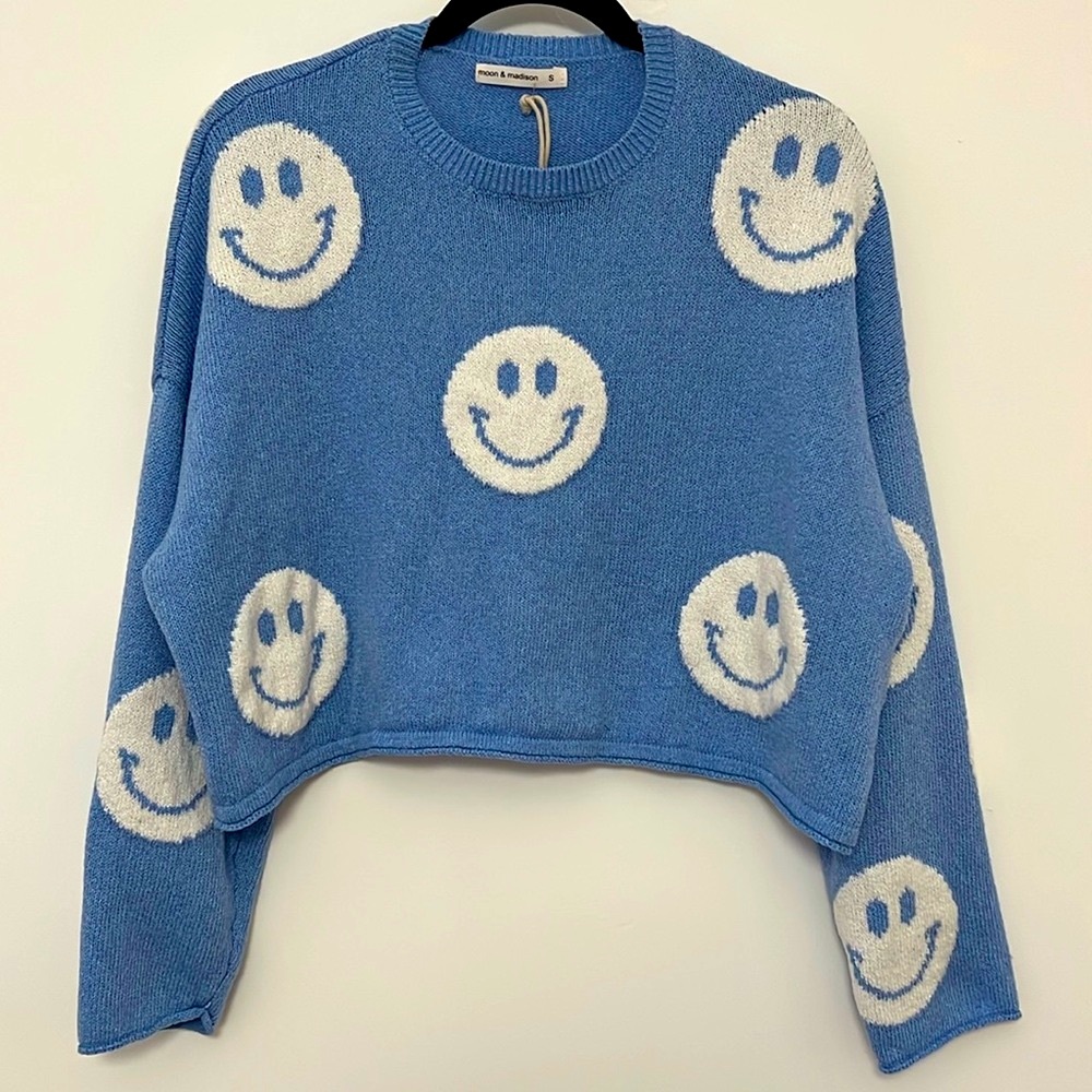 Moon & Madison Light Blue Happy Face Sweater